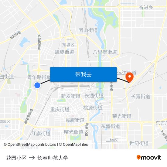 花园小区 to 长春师范大学 map