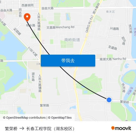 繁荣桥 to 长春工程学院（湖东校区） map