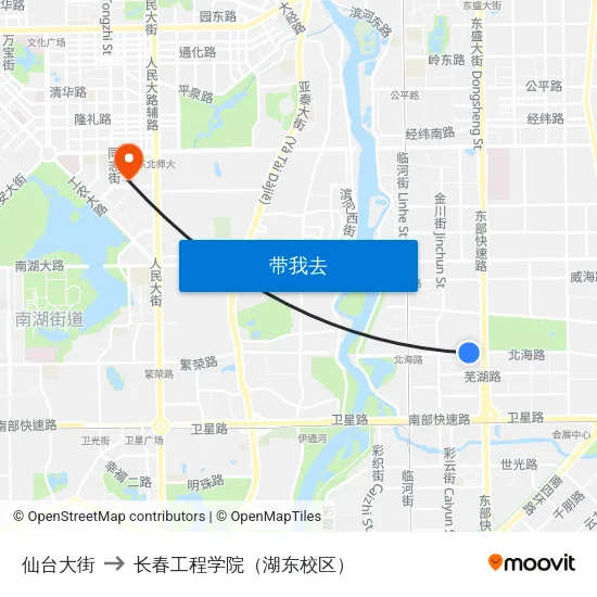 仙台大街 to 长春工程学院（湖东校区） map
