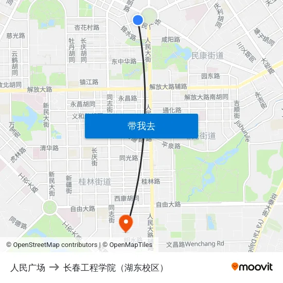 人民广场 to 长春工程学院（湖东校区） map