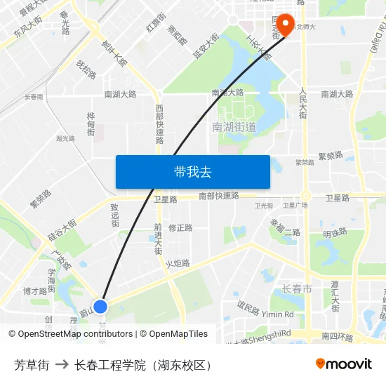 芳草街 to 长春工程学院（湖东校区） map