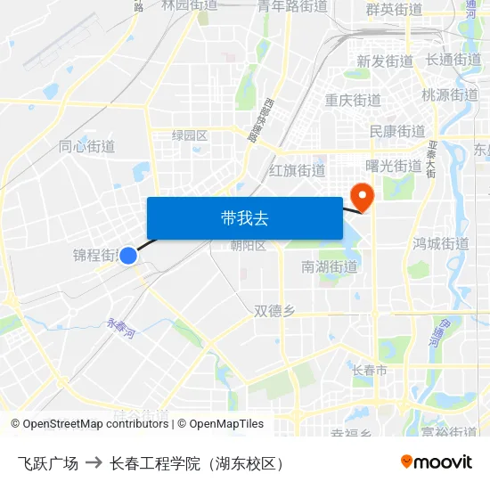 飞跃广场 to 长春工程学院（湖东校区） map