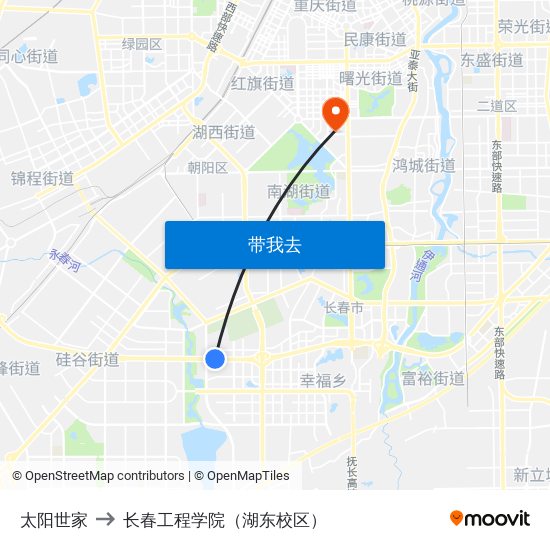 太阳世家 to 长春工程学院（湖东校区） map