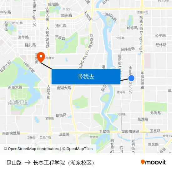 昆山路 to 长春工程学院（湖东校区） map