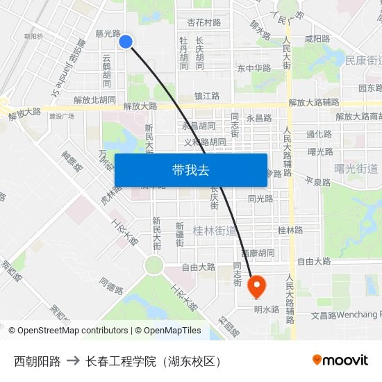 西朝阳路 to 长春工程学院（湖东校区） map