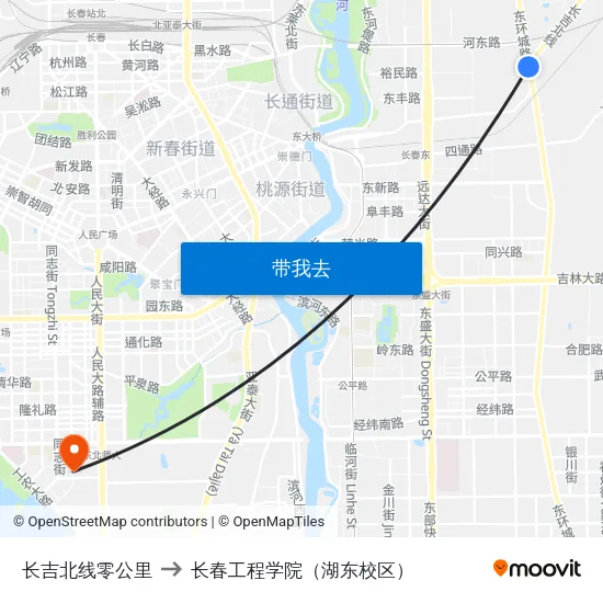 长吉北线零公里 to 长春工程学院（湖东校区） map