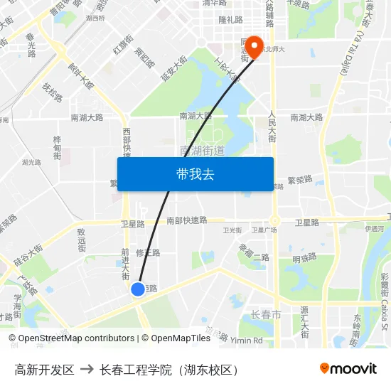 高新开发区 to 长春工程学院（湖东校区） map