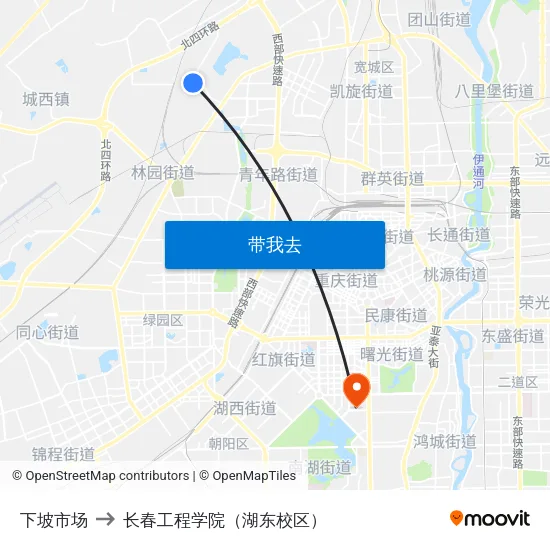 下坡市场 to 长春工程学院（湖东校区） map