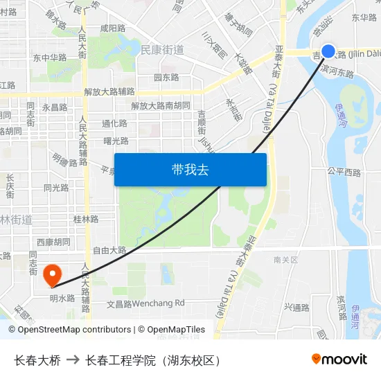 长春大桥 to 长春工程学院（湖东校区） map