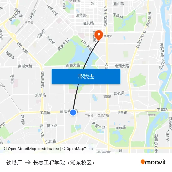 铁塔厂 to 长春工程学院（湖东校区） map