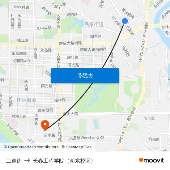 二道街 to 长春工程学院（湖东校区） map