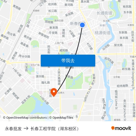 永春批发 to 长春工程学院（湖东校区） map