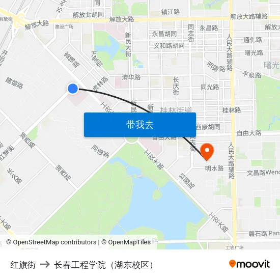 红旗街 to 长春工程学院（湖东校区） map