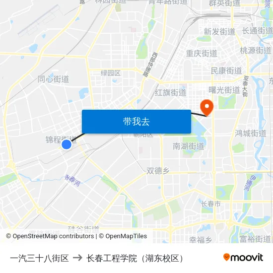 一汽三十八街区 to 长春工程学院（湖东校区） map
