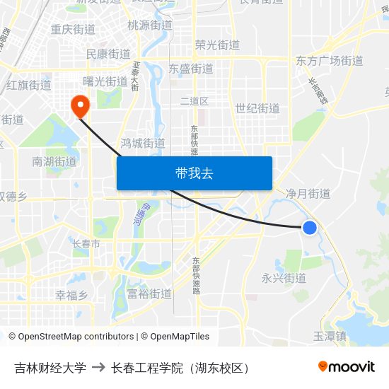 吉林财经大学 to 长春工程学院（湖东校区） map