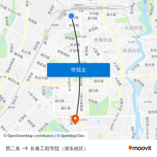西二条 to 长春工程学院（湖东校区） map