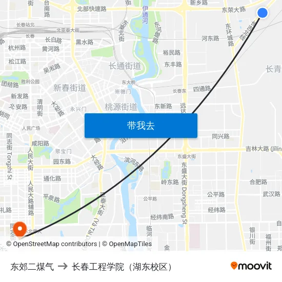 东郊二煤气 to 长春工程学院（湖东校区） map