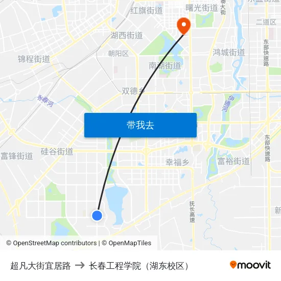 超凡大街宜居路 to 长春工程学院（湖东校区） map
