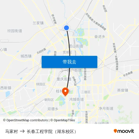 马家村 to 长春工程学院（湖东校区） map