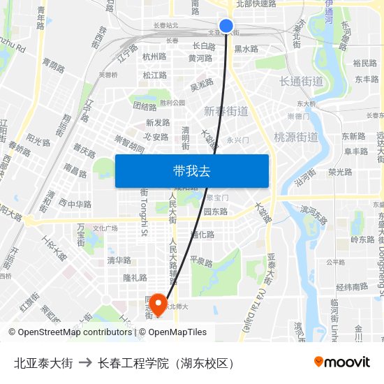 北亚泰大街 to 长春工程学院（湖东校区） map
