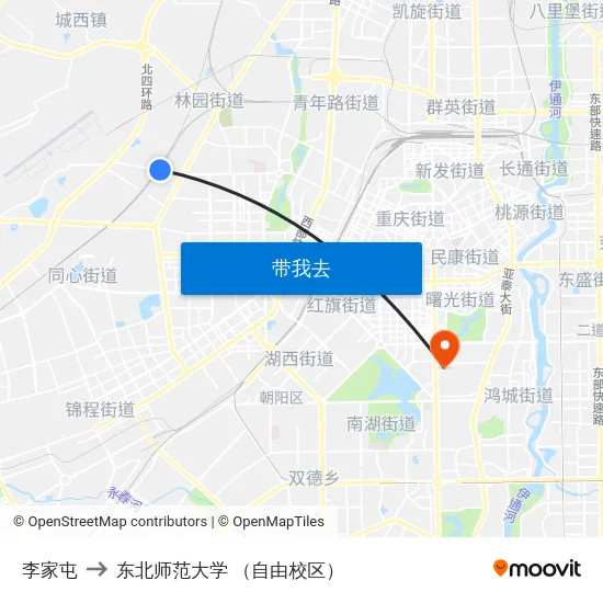 李家屯 to 东北师范大学 （自由校区） map