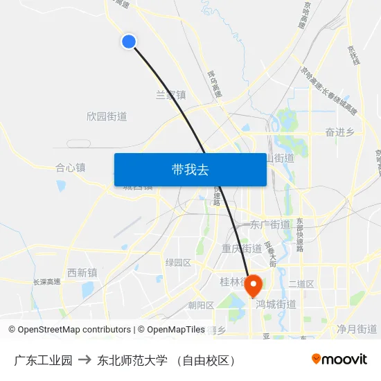 广东工业园 to 东北师范大学 （自由校区） map