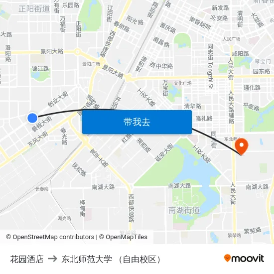 花园酒店 to 东北师范大学 （自由校区） map