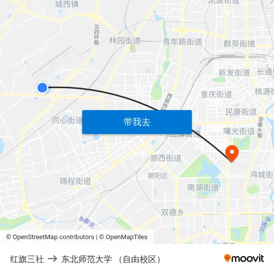 红旗三社 to 东北师范大学 （自由校区） map