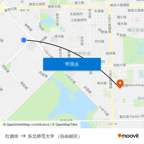 红旗街 to 东北师范大学 （自由校区） map