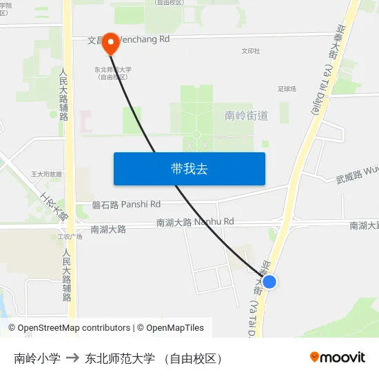 南岭小学 to 东北师范大学 （自由校区） map