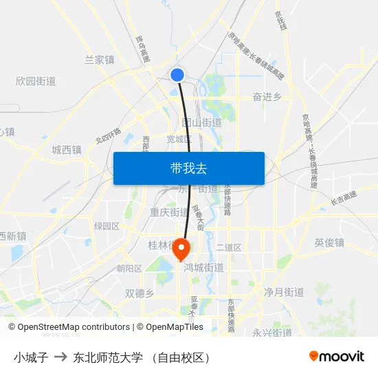 小城子 to 东北师范大学 （自由校区） map