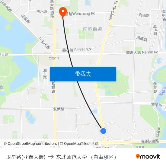 卫星路(亚泰大街) to 东北师范大学 （自由校区） map