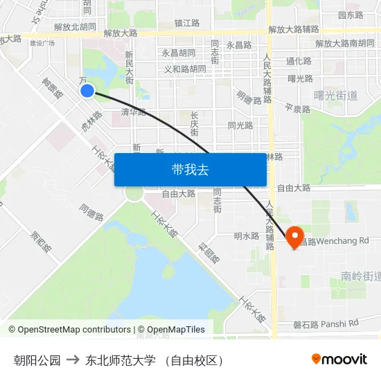 朝阳公园 to 东北师范大学 （自由校区） map