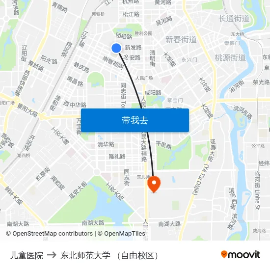 儿童医院 to 东北师范大学 （自由校区） map