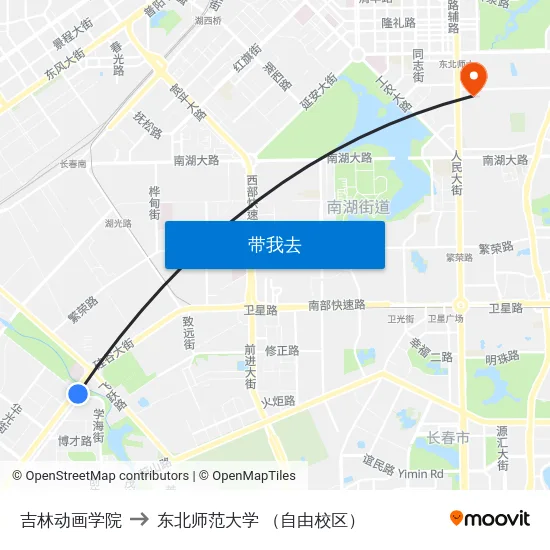 吉林动画学院 to 东北师范大学 （自由校区） map