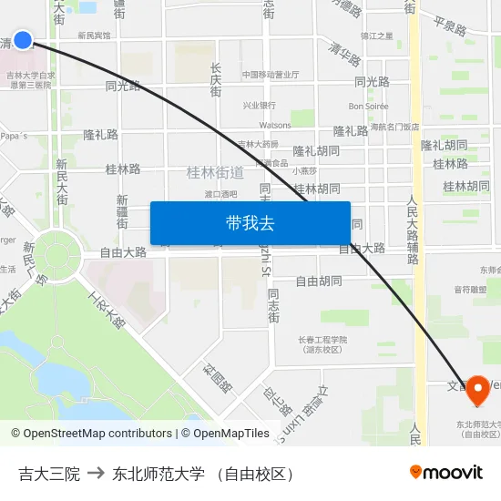 吉大三院 to 东北师范大学 （自由校区） map