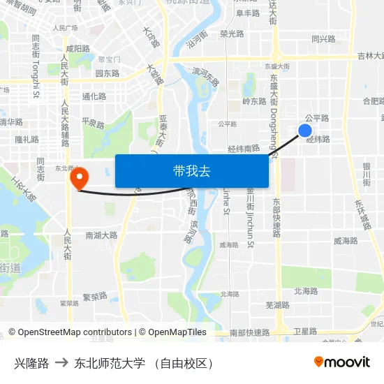 兴隆路 to 东北师范大学 （自由校区） map