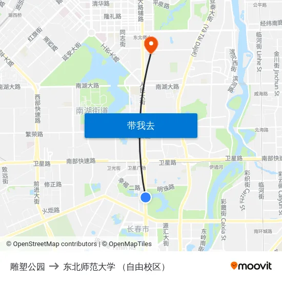 雕塑公园 to 东北师范大学 （自由校区） map