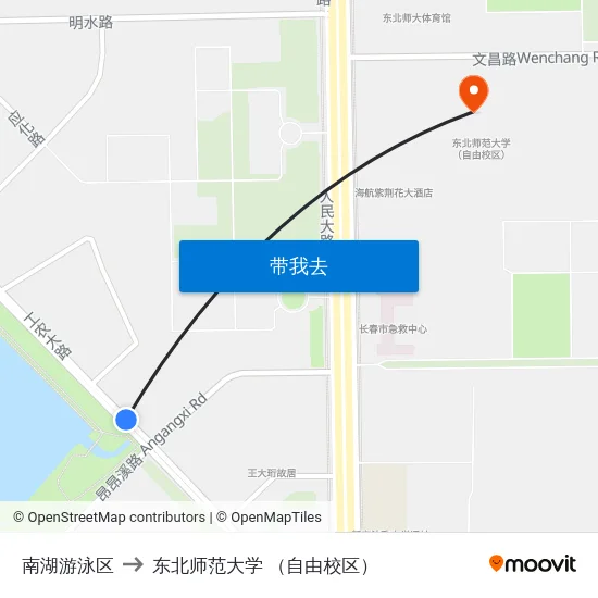 南湖游泳区 to 东北师范大学 （自由校区） map