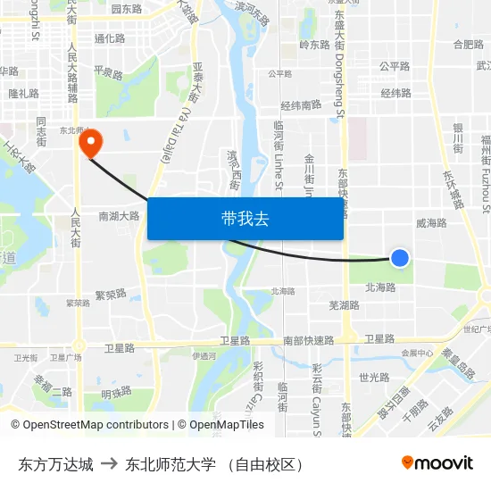 东方万达城 to 东北师范大学 （自由校区） map