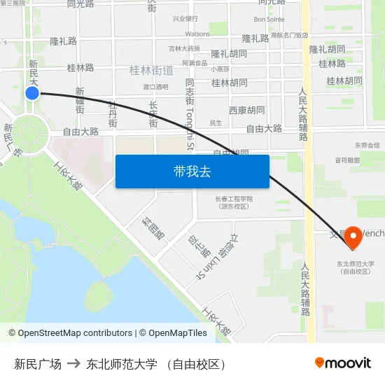 新民广场 to 东北师范大学 （自由校区） map