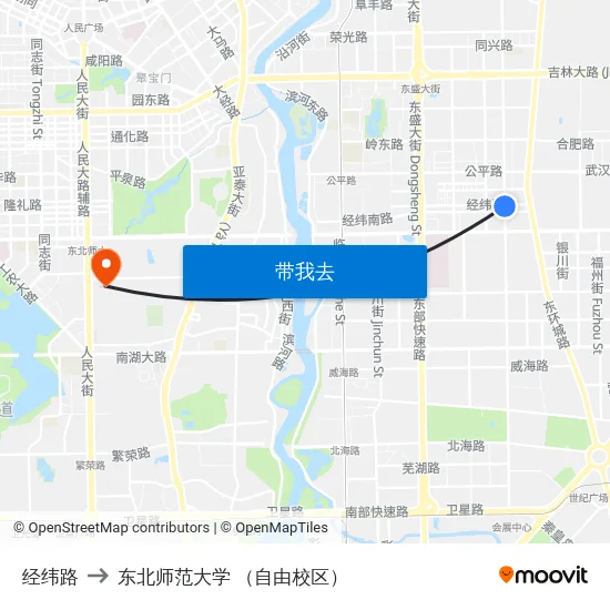 经纬路 to 东北师范大学 （自由校区） map