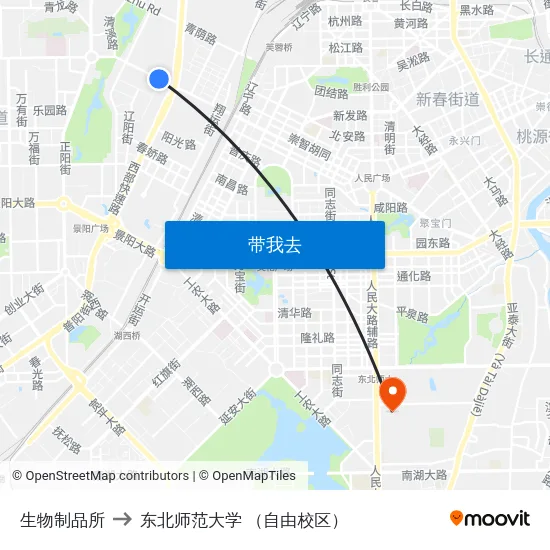 生物制品所 to 东北师范大学 （自由校区） map