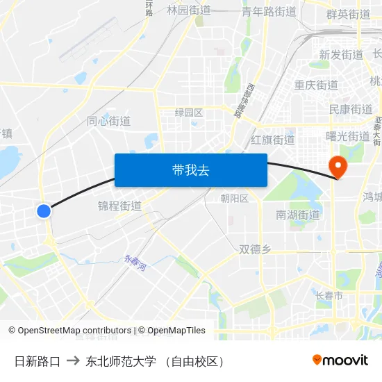 日新路口 to 东北师范大学 （自由校区） map