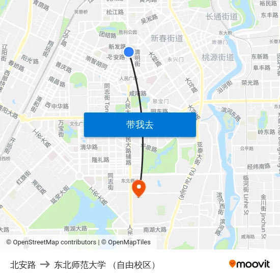 北安路 to 东北师范大学 （自由校区） map