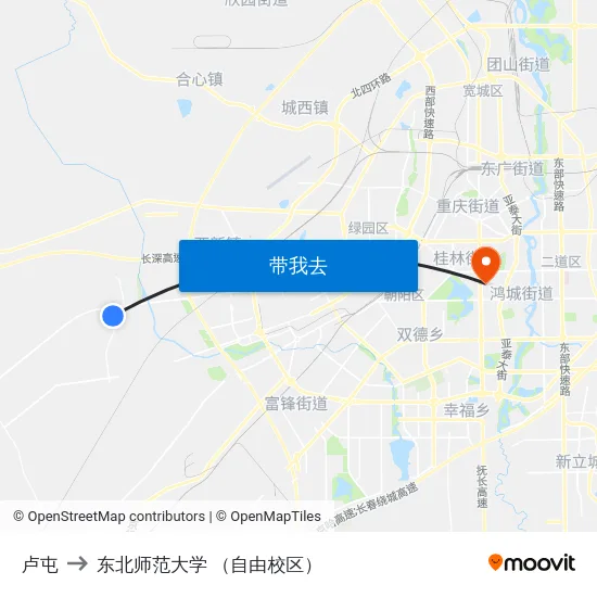 卢屯 to 东北师范大学 （自由校区） map