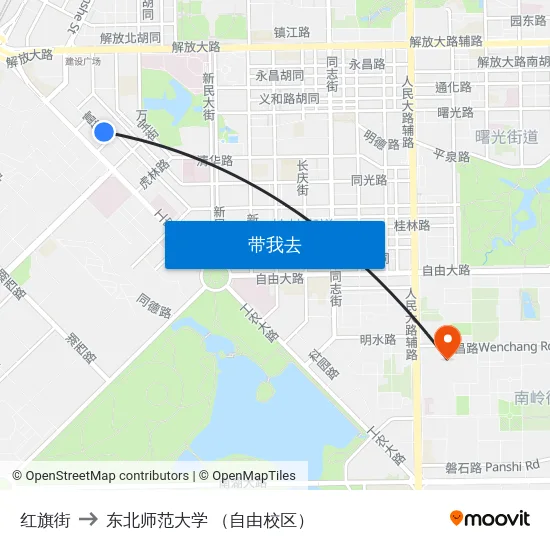 红旗街 to 东北师范大学 （自由校区） map