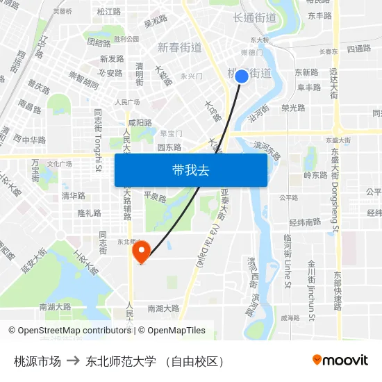 桃源市场 to 东北师范大学 （自由校区） map
