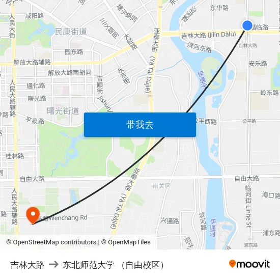 吉林大路 to 东北师范大学 （自由校区） map