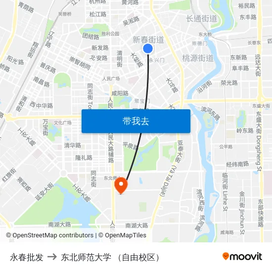 永春批发 to 东北师范大学 （自由校区） map